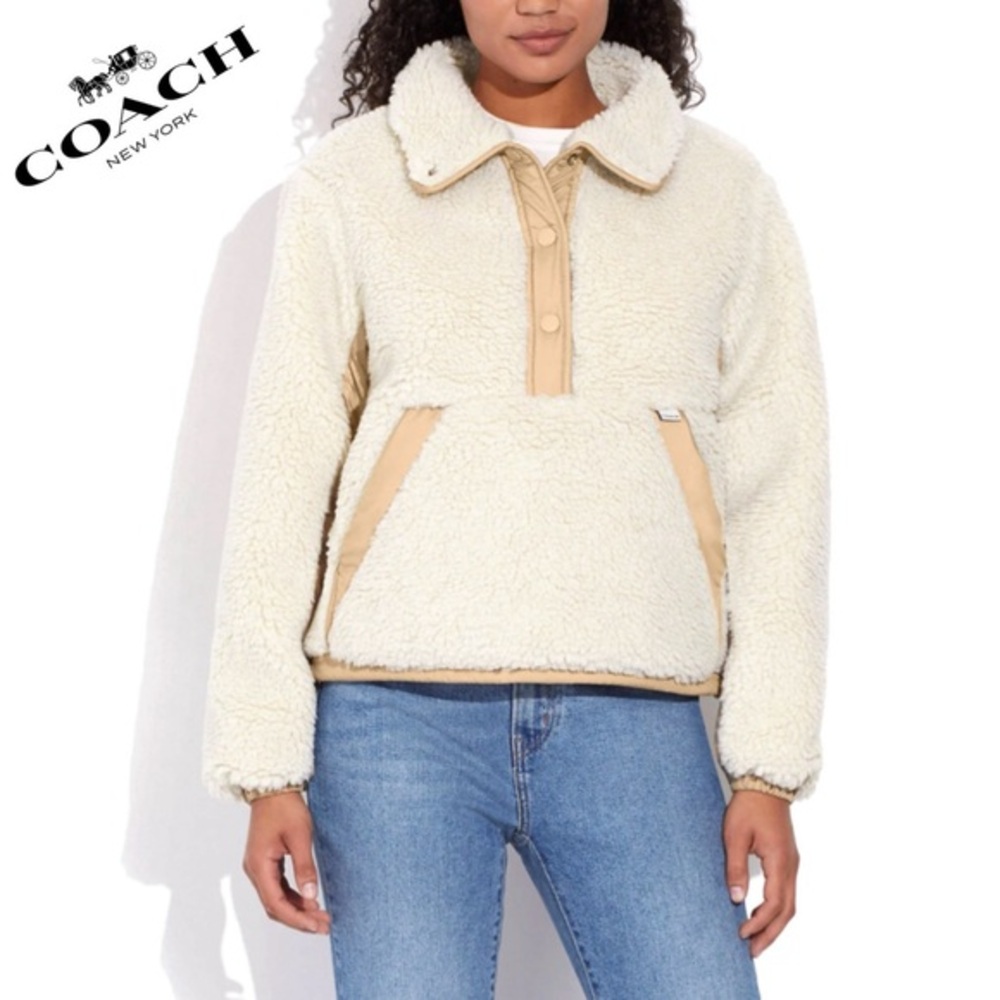 NWT COACH Sherpa Jacket Stand-Up Collar‎ Pull Over In Recycled Polyester Cream